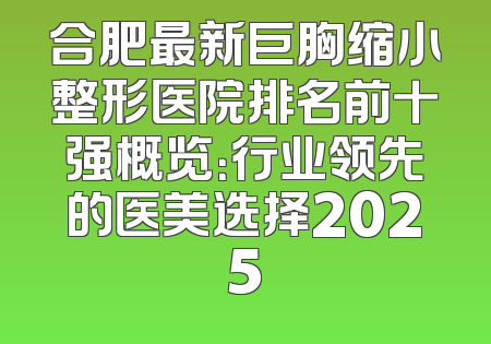 合肥最新巨胸缩小整形医院排名前十强概览：行业领先的医美选择2025