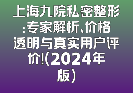 上海九院私密整形：专家解析、价格透明与真实用户评价！(2024年版)