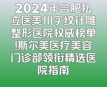 2024年合肥私立医美川字纹针雕整形医院权威榜单！斯尔美医疗美容门诊部领衔精选医院指南