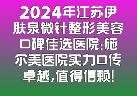 2024年江苏伊肤泉微针整形美容口碑佳选医院：施尔美医院实力口传卓越，值得信赖！