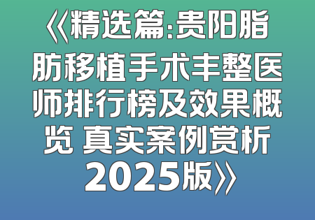 《精选篇：贵阳脂肪移植手术丰整医师排行榜及效果概览 真实案例赏析 2025版》